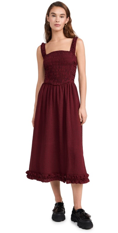 GANNI Sheer Fluid Check Midi Strap Smock Dress Winery