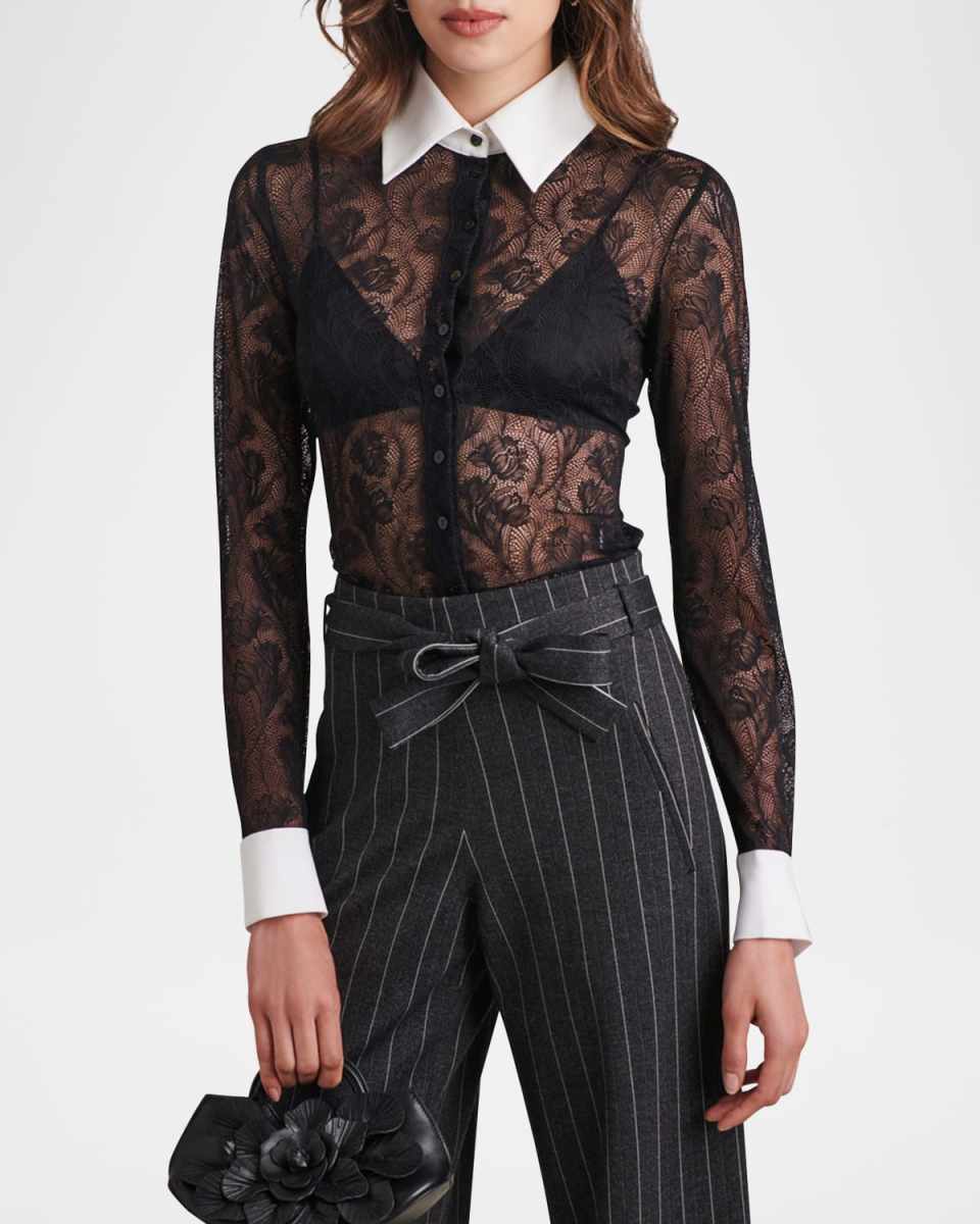 Yvonna Button-Down Sheer Lace Shirt