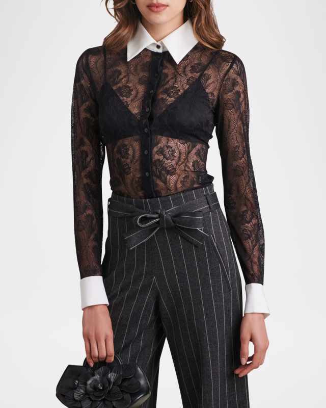 Yvonna Button-Down Sheer Lace Shirt