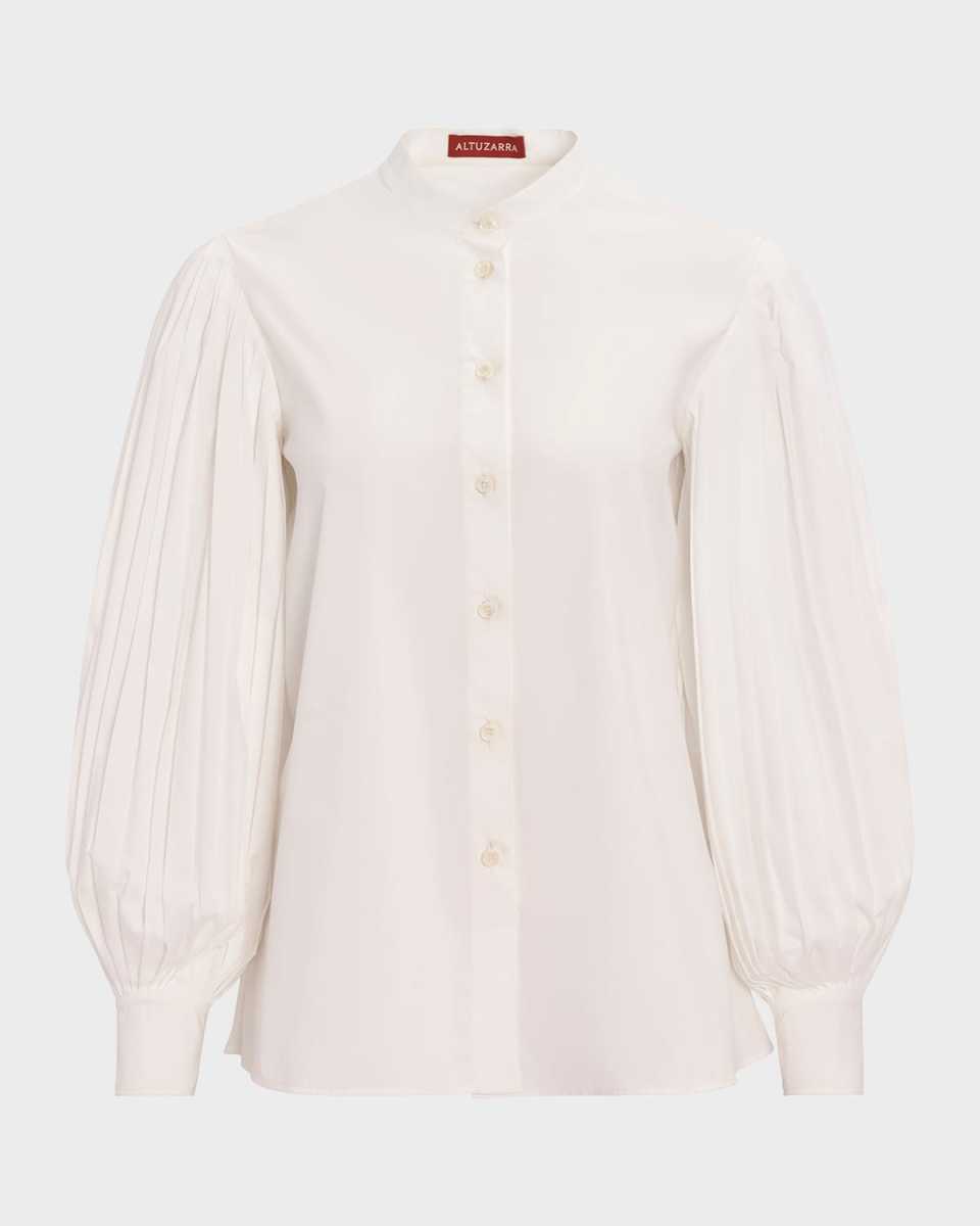 Patsy Pleated Blouson-Sleeve Collared Top
