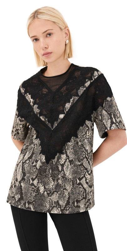 3.1 Phillip Lim Stretch Snake Boxy Tee with Lace Umber/Black