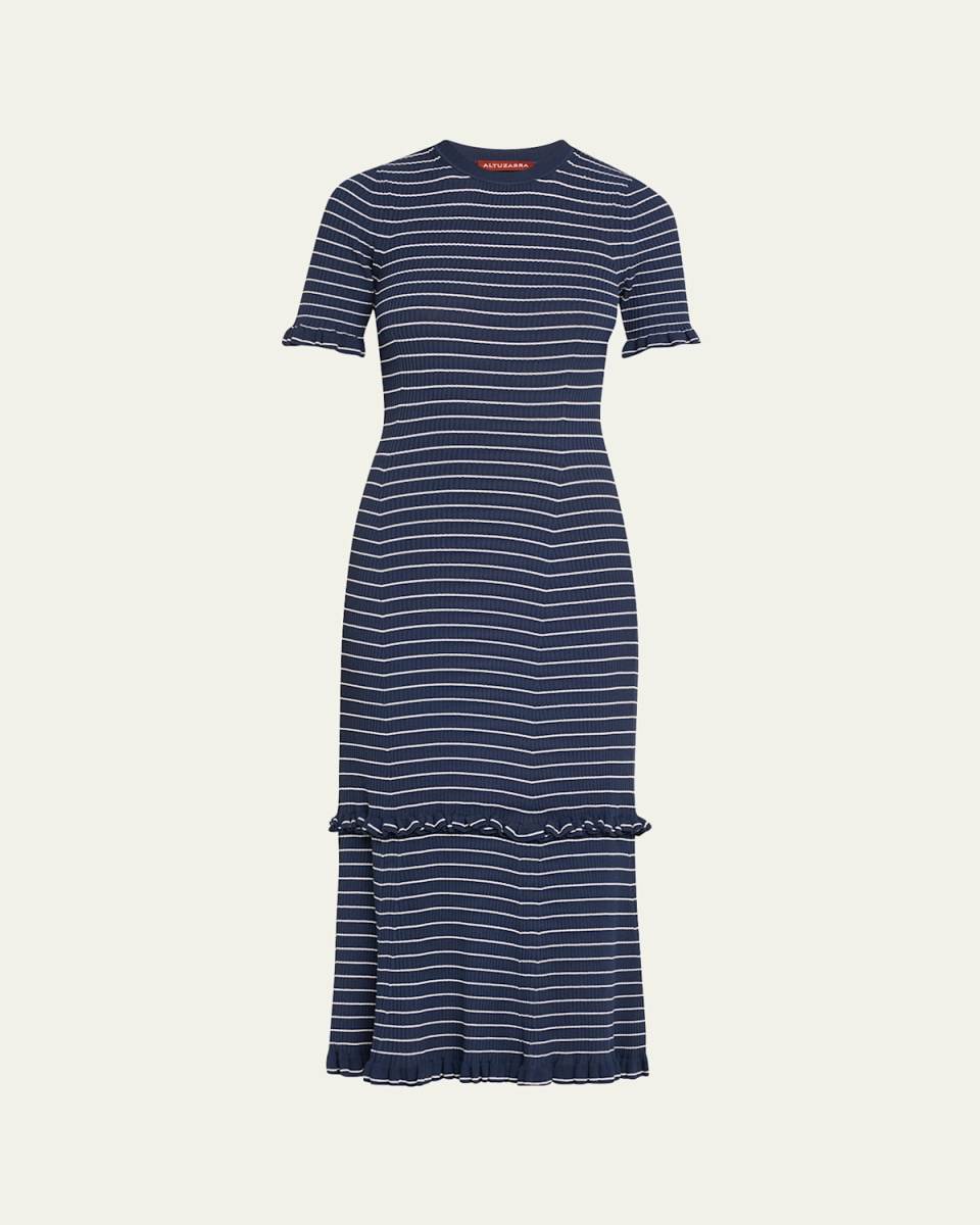 Delpini Stripe Ruffle Trim Midi Dress