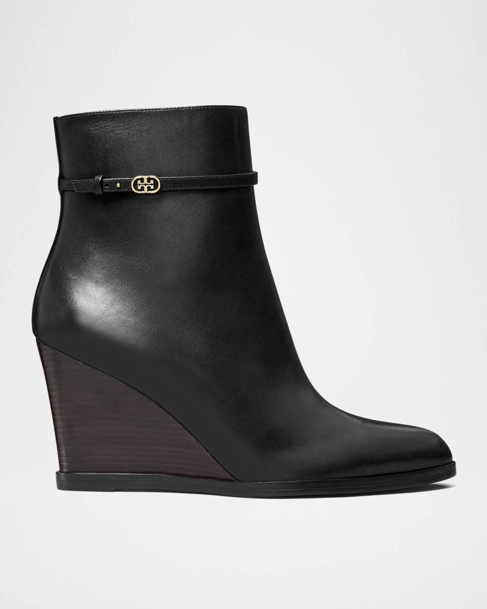 Leather Buckle Wedge Ankle Booties