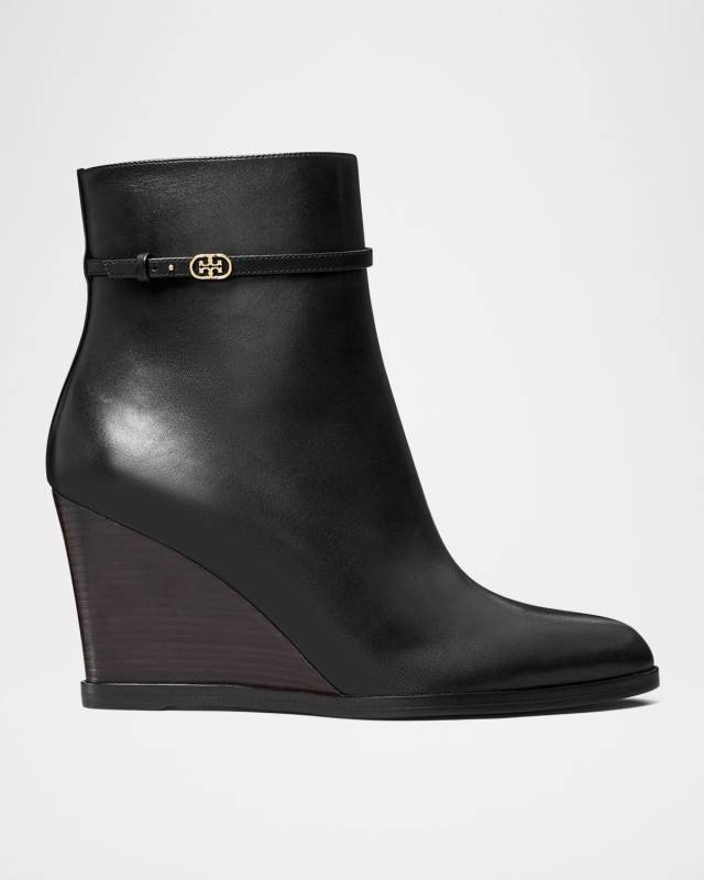 Leather Buckle Wedge Ankle Booties
