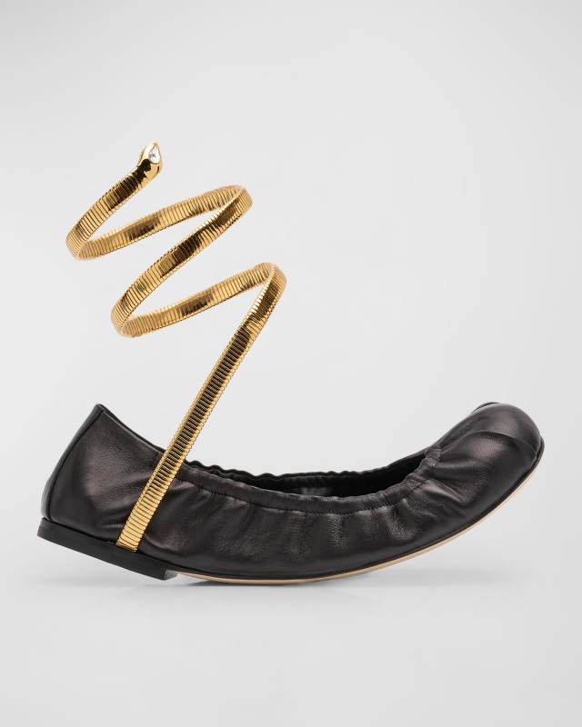 Cleo Leather Snake-Wrap Ballerina Flats
