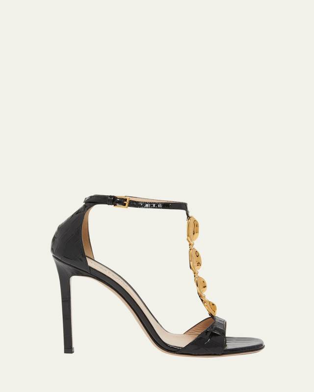 Croco Chain T-Strap Stiletto Sandals