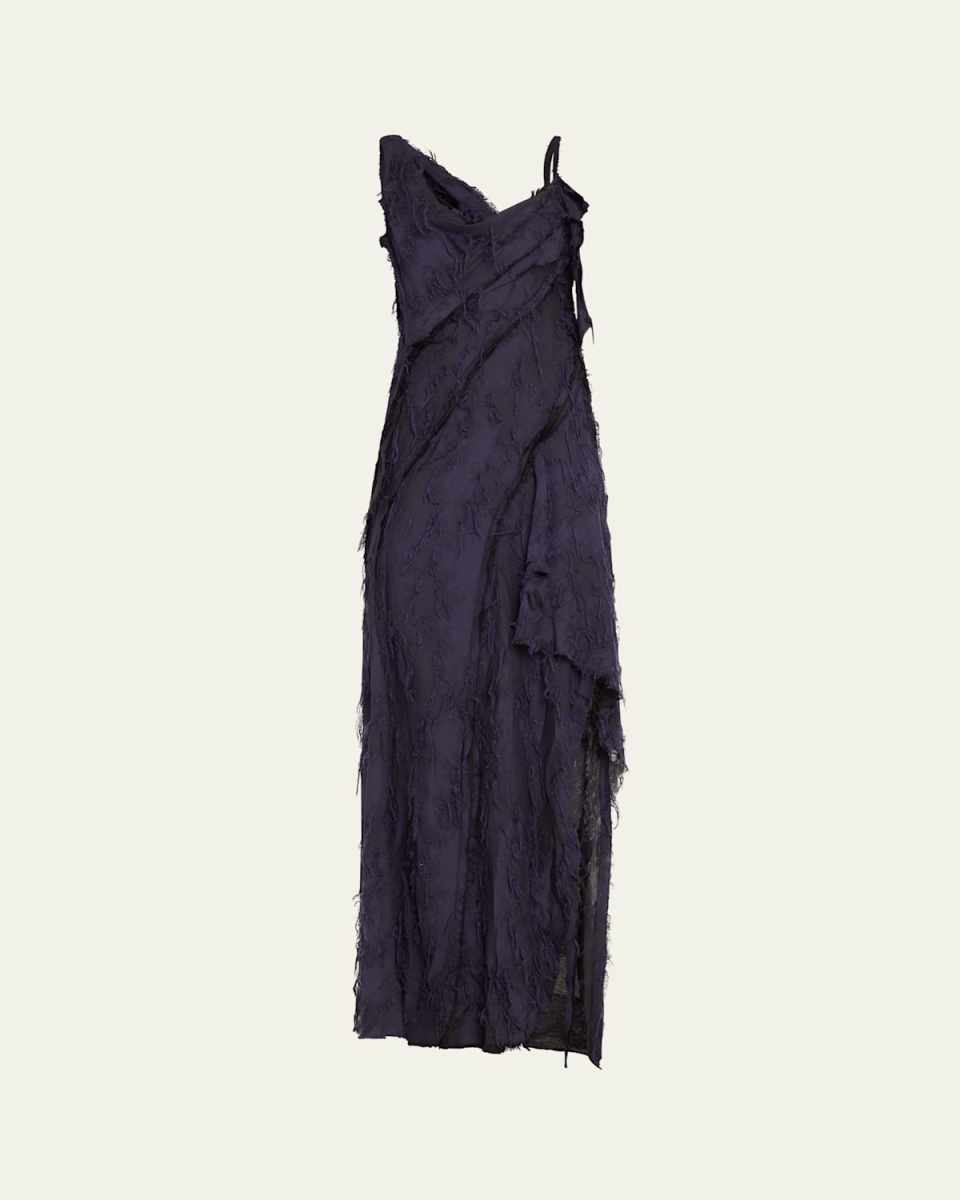 Frayed Jacquard Paneled Backless Bias Gown With Raw Edges