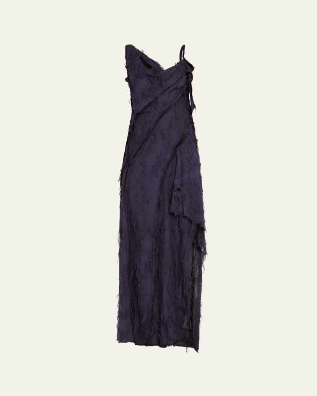 Frayed Jacquard Paneled Backless Bias Gown With Raw Edges