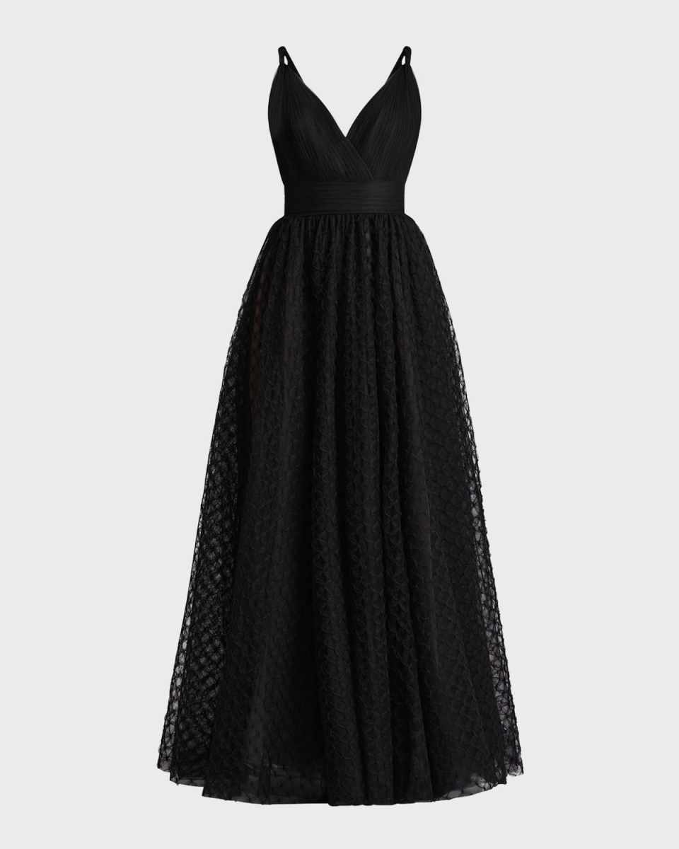 Sleeveless Pleated Tulle Applique Gown