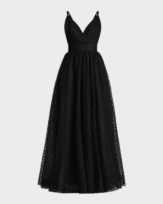 Sleeveless Pleated Tulle Applique Gown
