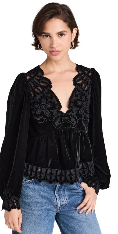 Sea Dana Embroidery Velvet Top Black