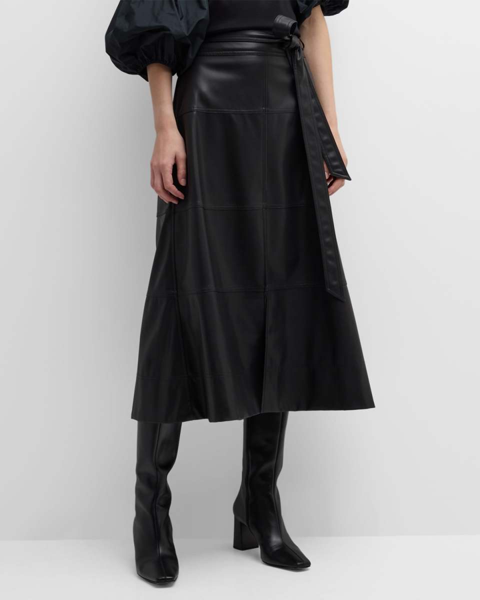 Hudson Faux Leather Belted Tiered Seam Midi Skirt