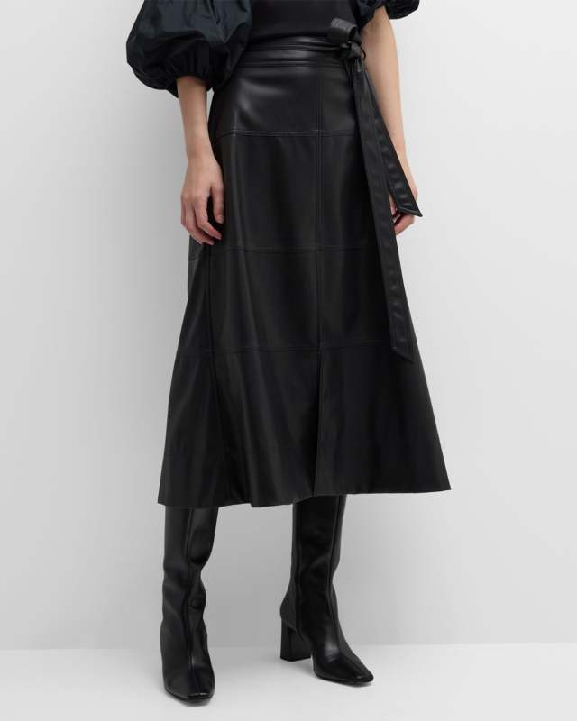 Hudson Faux Leather Belted Tiered Seam Midi Skirt