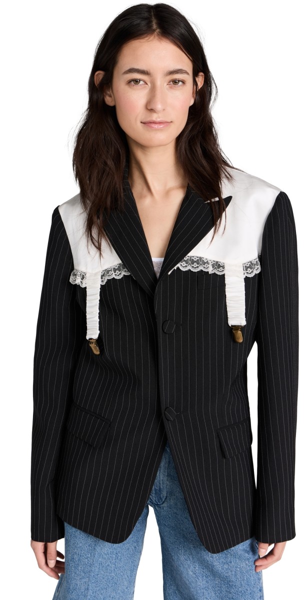 Tanner Fletcher Gussie Garter Detail Blazer Black Pinstripe