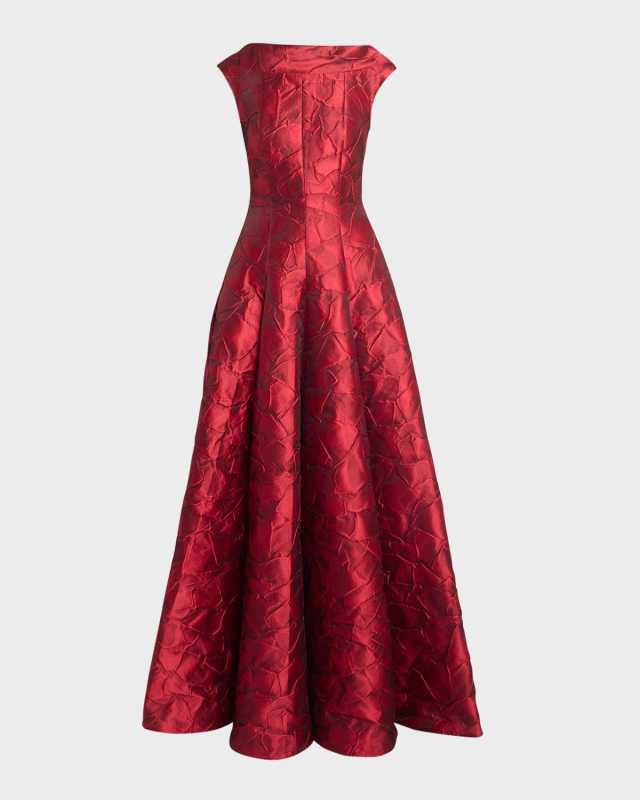 Ruffles Jacquard Cap-Sleeve Gown