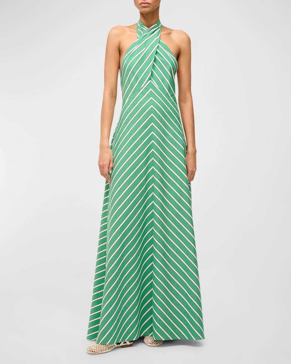 Dawn Tie-Neck Striped Maxi Crossover Halter Dress