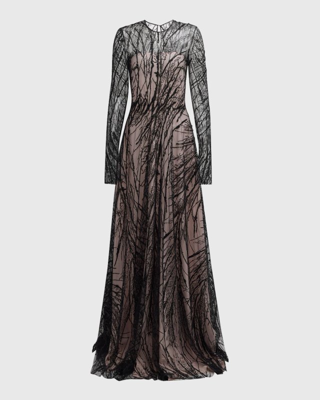Beaded Long-Sleeve Illusion Gown