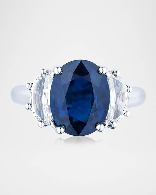18K White Gold Blue Sapphire Statement Ring with Diamonds, Size 7.25