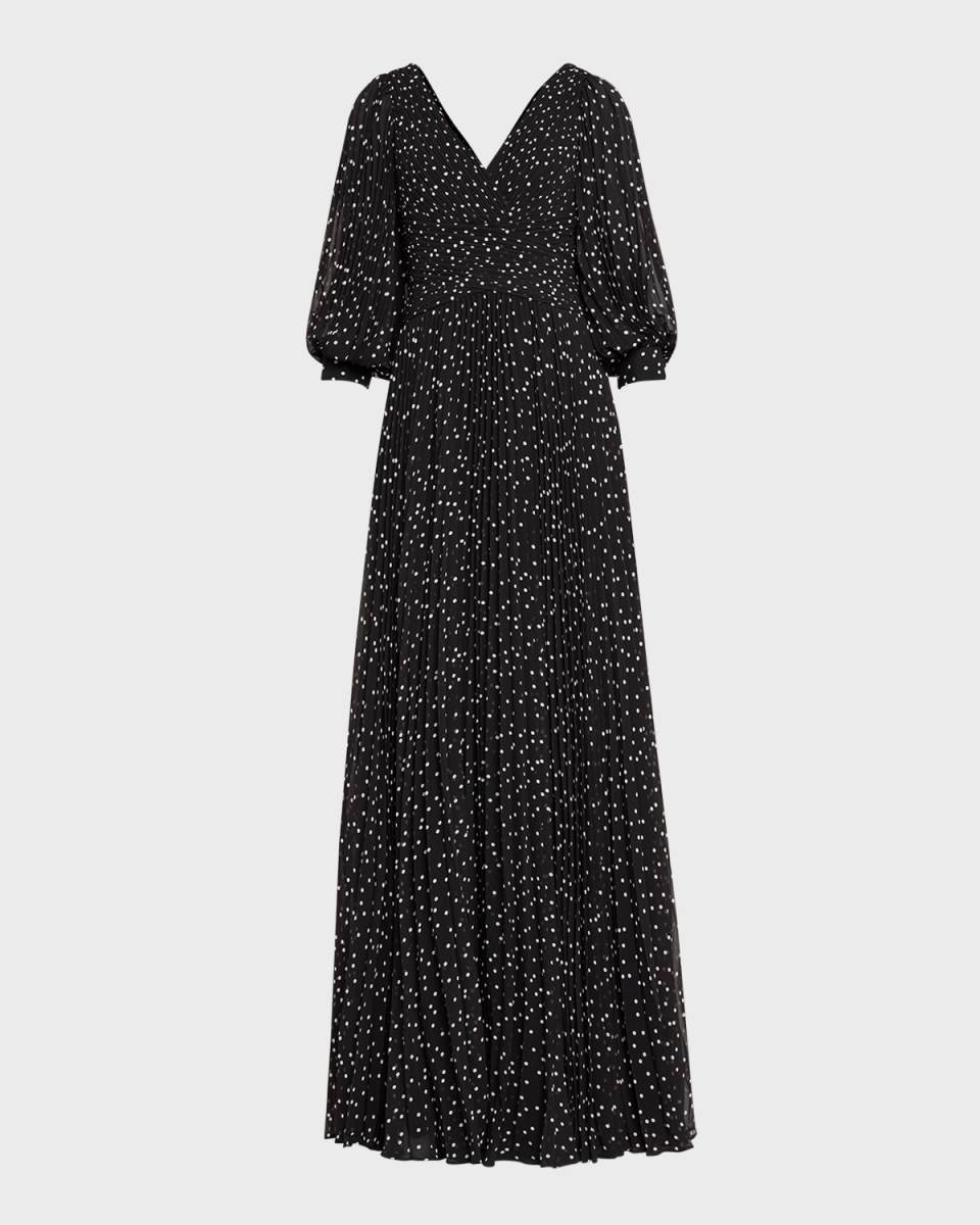 Pleated Polka Dot Chiffon Gown