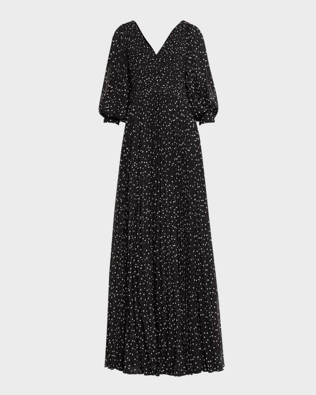 Pleated Polka Dot Chiffon Gown
