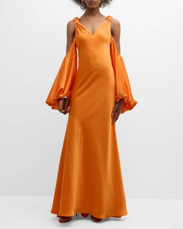 Binnie Cold-Shoulder Balloon-Sleeve Satin Gown
