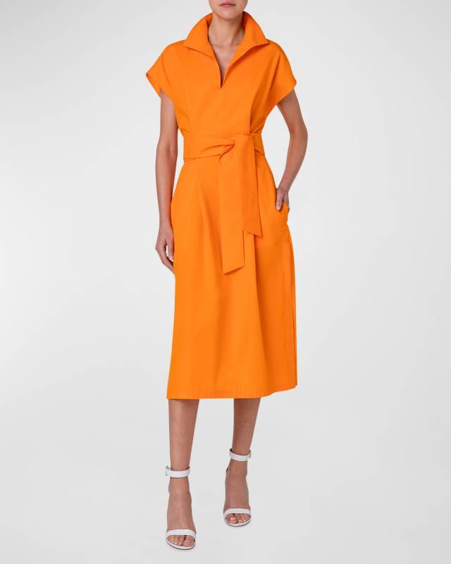 Cap-Sleeve Waist-Sash Cotton Silk Midi Shirtdress