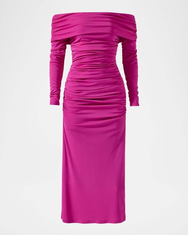 Off-The-Shoulder Long-Sleeve Ruched Midi Dress