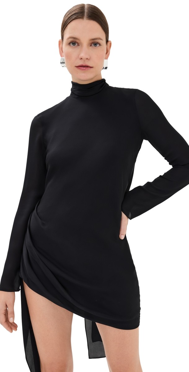Brandon Maxwell The Raina Mini Dress with Draped Waist and Neck Scarf Black