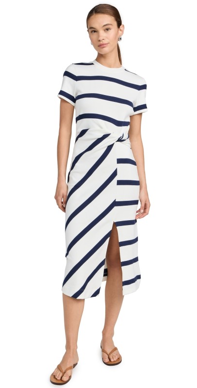 Tanya Taylor Short Sleeve Striped Cody Dress White/Maritime