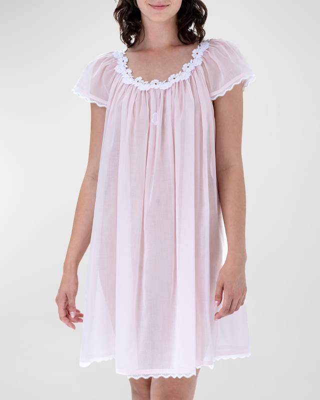 Coralie-2 Ruched Lace-Trim Cotton Babydoll