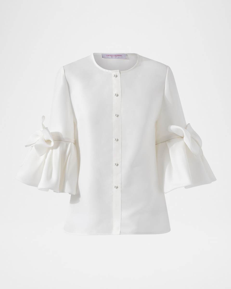 Pearly Button Bow Ruffle-Sleeve Silk Top