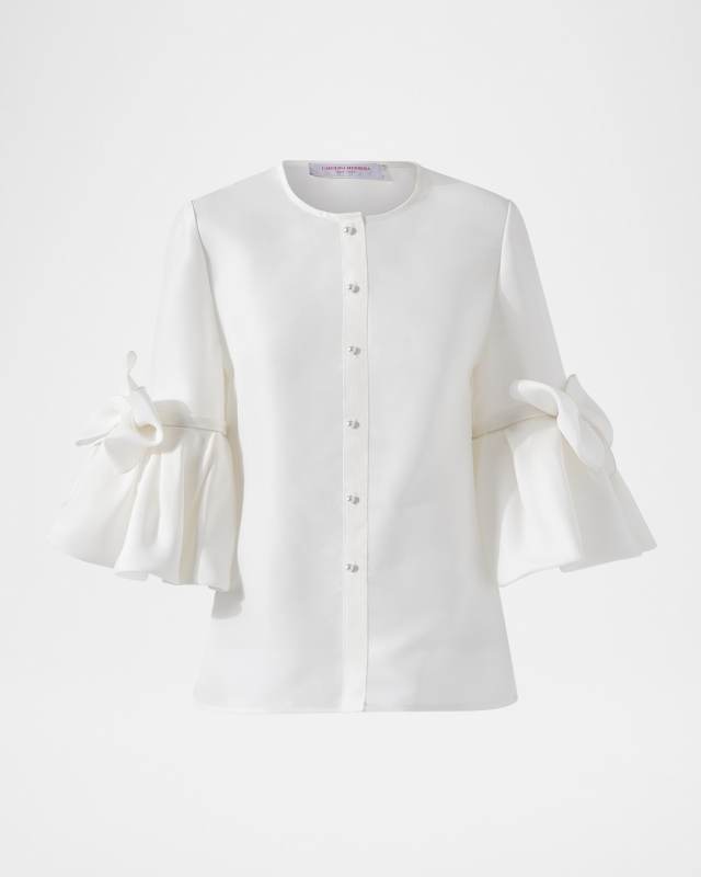Pearly Button Bow Ruffle-Sleeve Silk Top