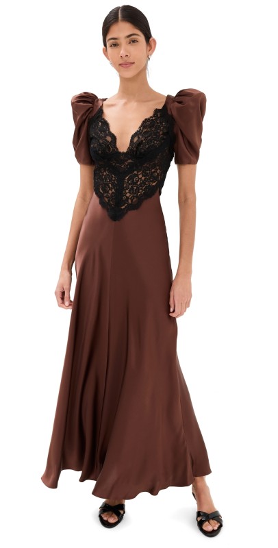 Rodarte Silk Satin Short Sleeve Dress with Lace Details Brown
