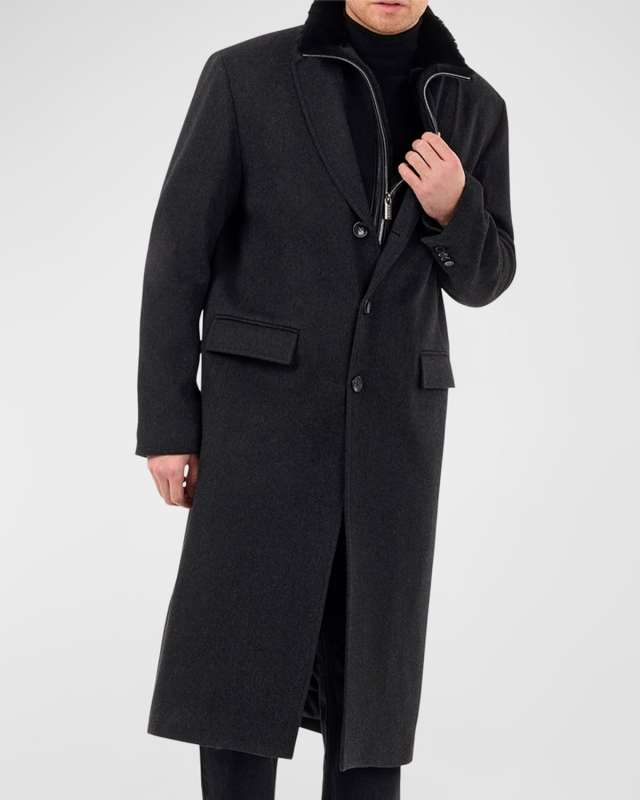 Men's Brushed Wool Long Stroller Coat With Shearling Lamb Dickey