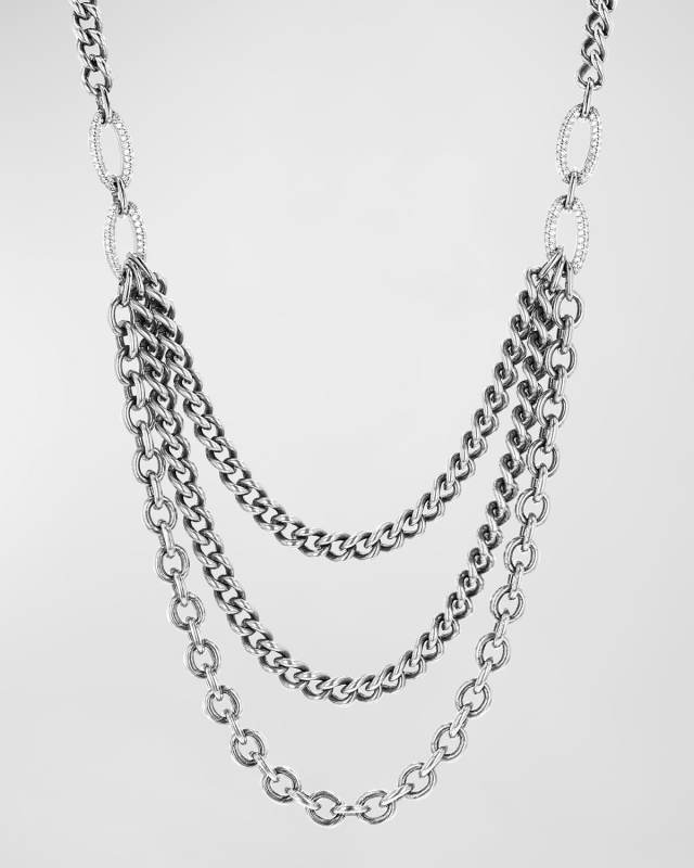 Sterling Silver 3-Layer Chunky Chain Necklace with Diamonds