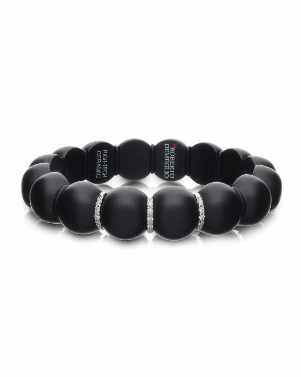 Dama Matte Black Ceramic Beaded Stretch Bracelet with White Diamonds