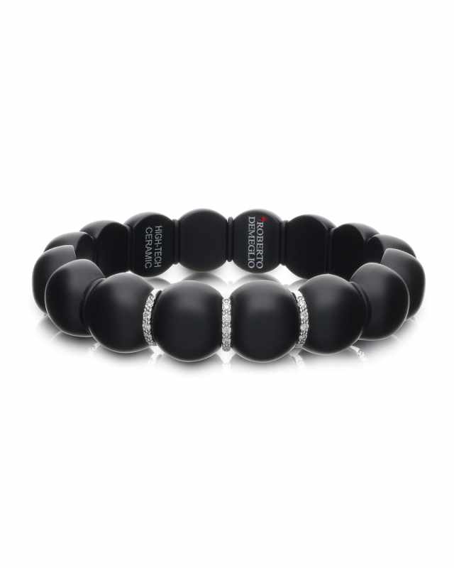 Dama Matte Black Ceramic Beaded Stretch Bracelet with White Diamonds