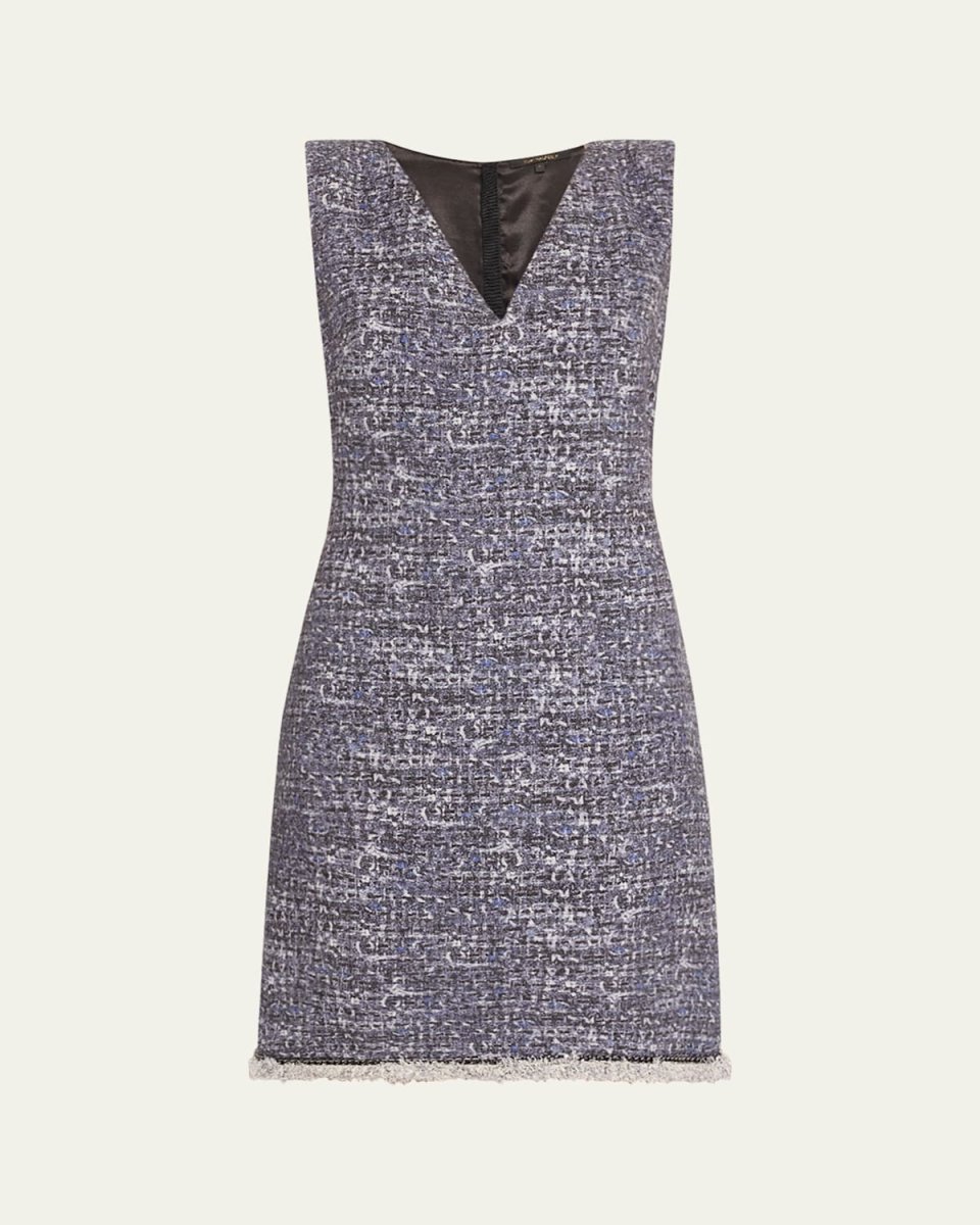 Kelly Sleeveless Fringe-Hem Boucle Mini Dress