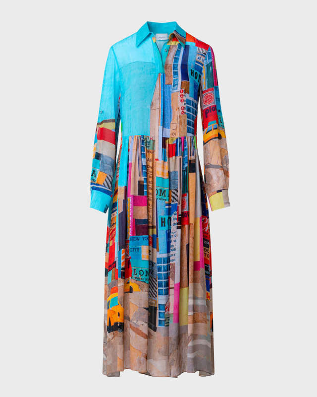 NYC Paper Collage-Print Long-Sleeve Viscose Georgette Midi Shirtdress