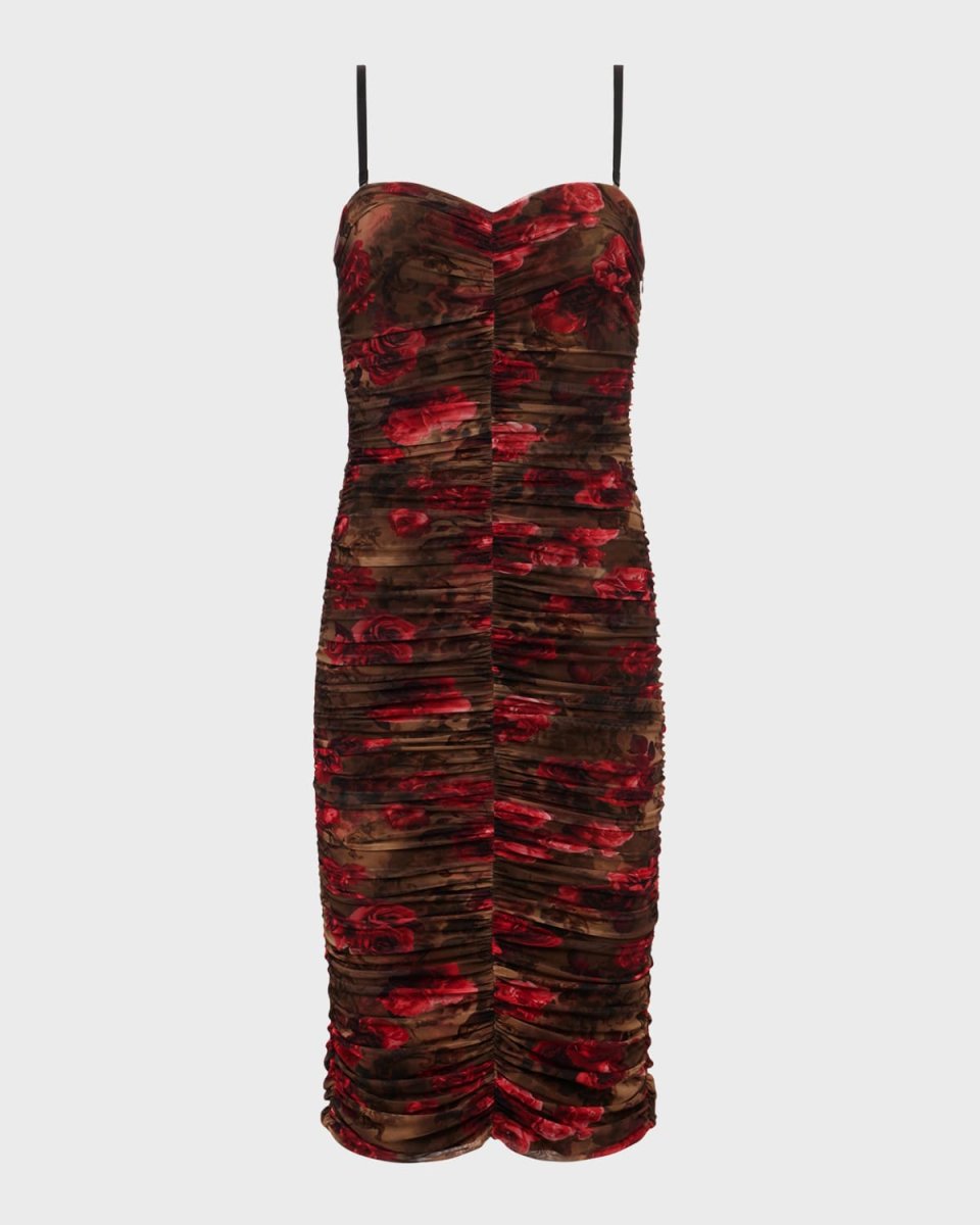 Floral Cheetah Caprice Ruched Strapless Midi Dress