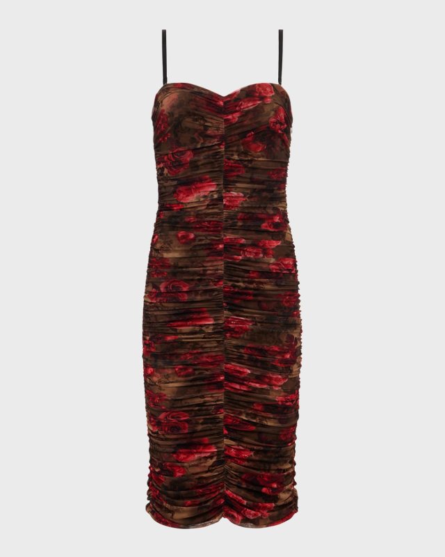 Floral Cheetah Caprice Ruched Strapless Midi Dress