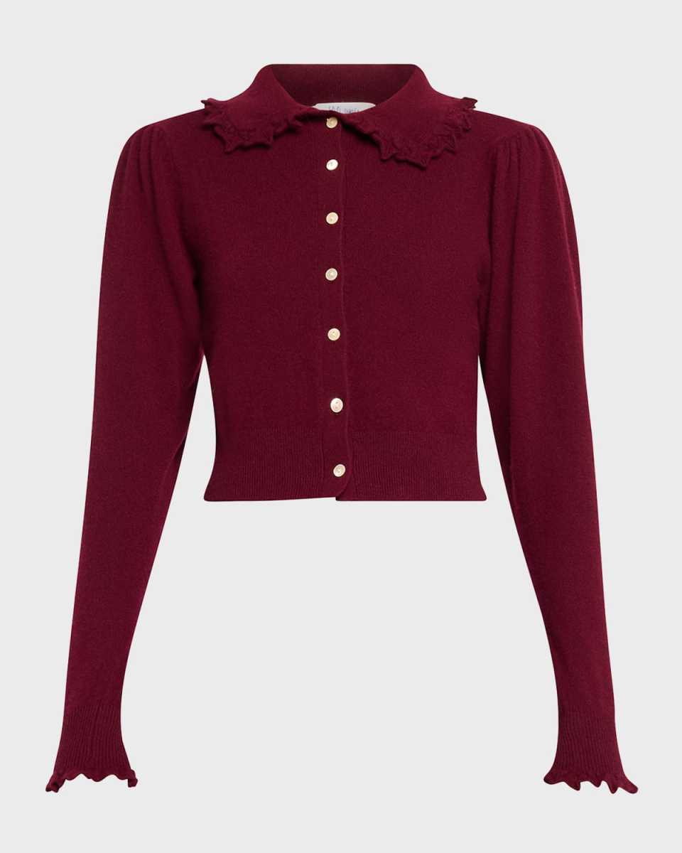 Kalila Cashmere Knit Cropped Ruffle-Collar Cardigan