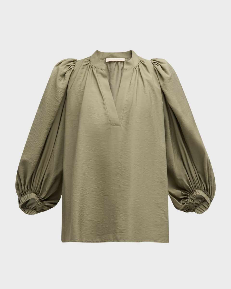 Bell Ruched Blouson-Sleeve Blouse