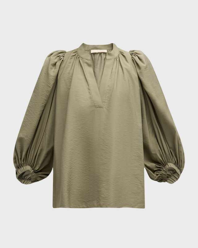 Bell Ruched Blouson-Sleeve Blouse