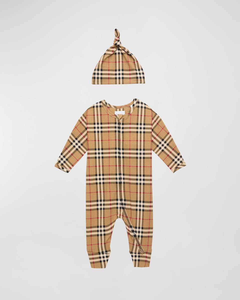Kid's Claude Check-Print Coverall & Hat Set, Size Newborn-12