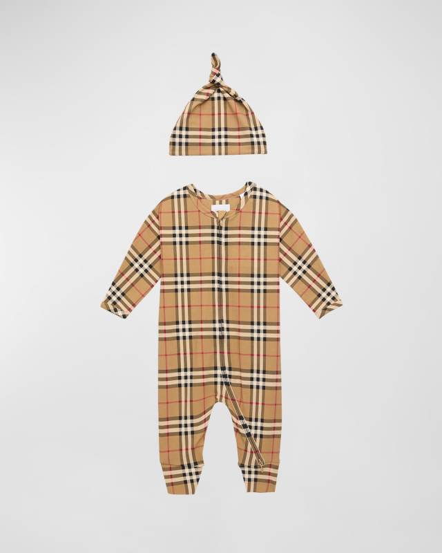 Kid's Claude Check-Print Coverall & Hat Set, Size Newborn-12