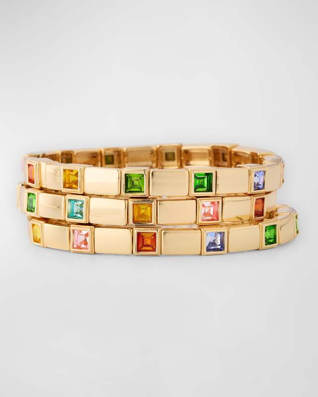Square Stone Spaced Chiclet Bracelet, Set of 3