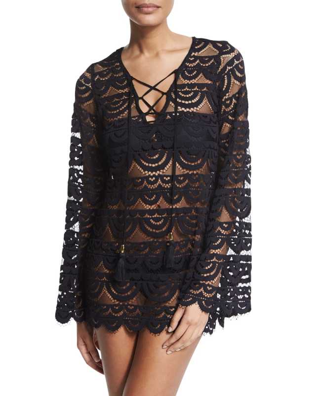 Noah Crocheted Tunic Coverup, Black/Gold