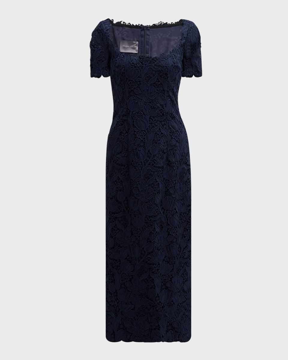 Guipure Tulip Lace Short-Sleeve Midi Sheath Dress
