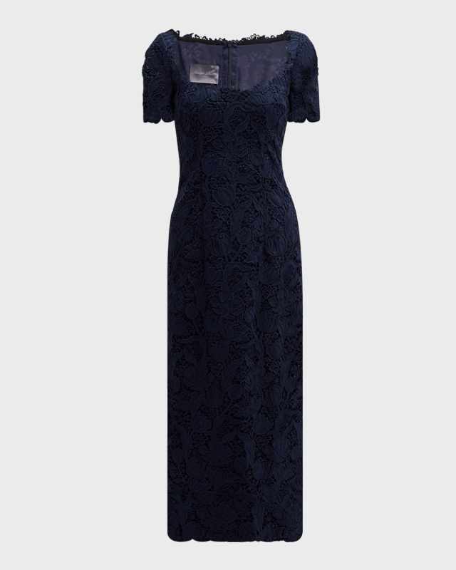 Guipure Tulip Lace Short-Sleeve Midi Sheath Dress